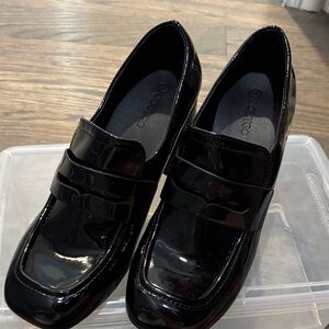 Black Patent Block Heel Loafer Heels - Women
